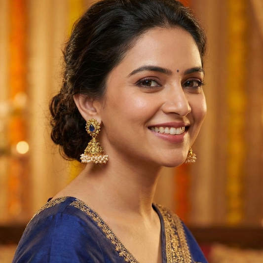 Golden Jhumka With Blue Stone And Small White Pearls