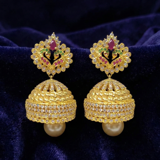 Golden Peacock Jhumka With Green, Pink & White Stones