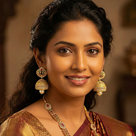 Golden Peacock Jhumka With Green, Pink & White Stones