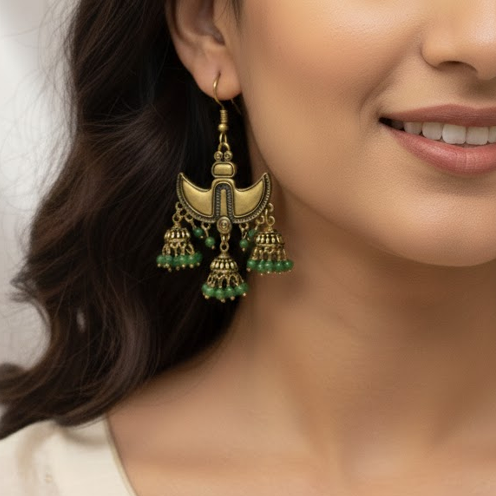 Claw Pattern Triple Jhumka Hanging Earring - Green