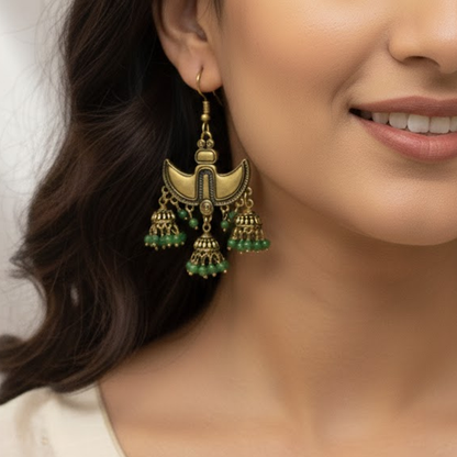 Claw Pattern Triple Jhumka Hanging Earring - Green
