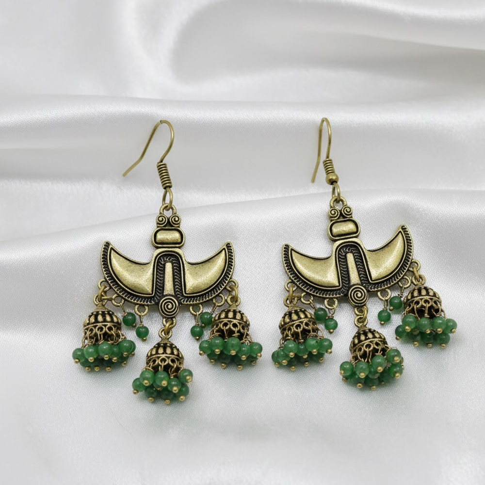 Claw Pattern Triple Jhumka Hanging Earring - Green