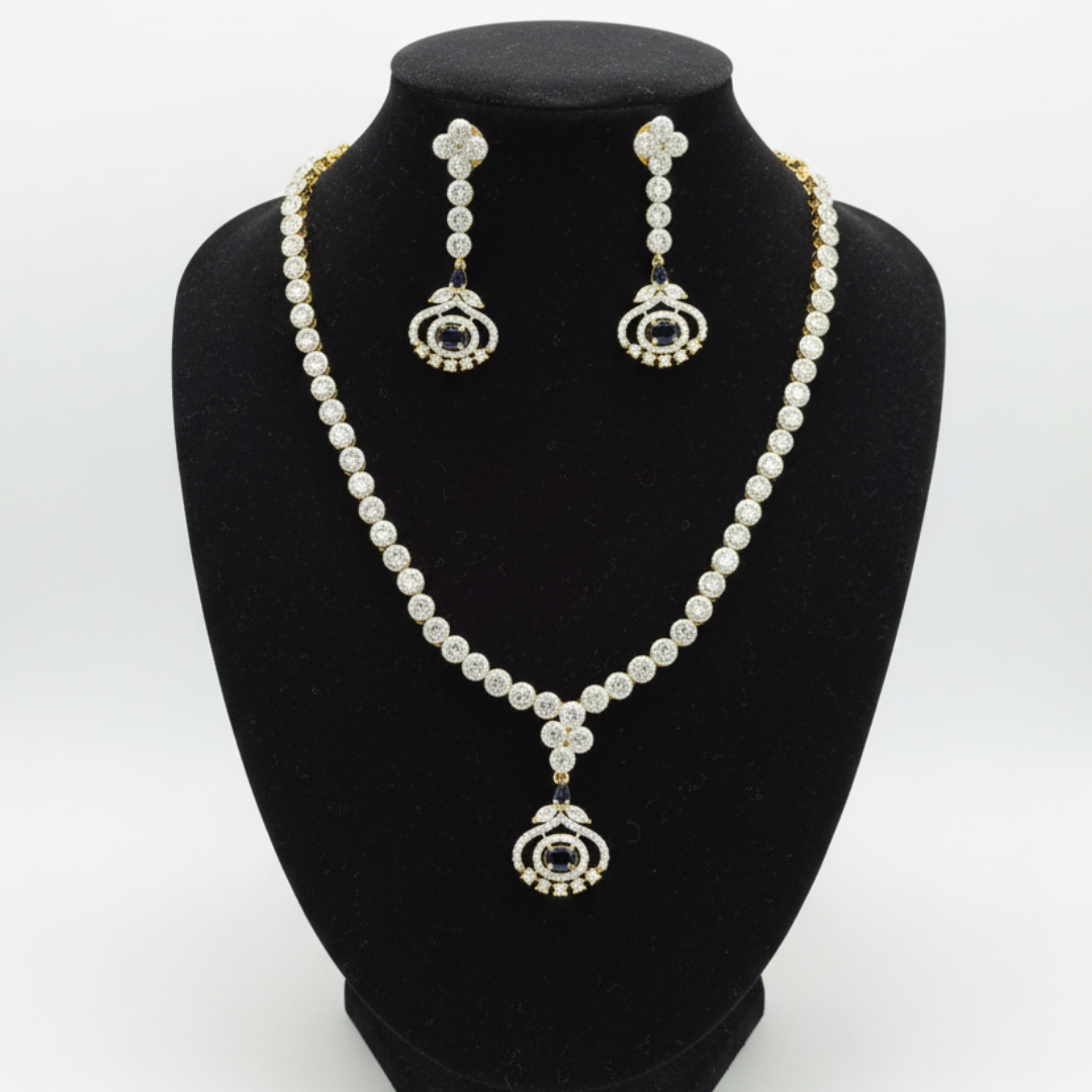 Gold Plated Necklace With Small Blue White Artificial Stones