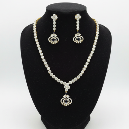 Gold Plated Necklace With Small Blue White Artificial Stones
