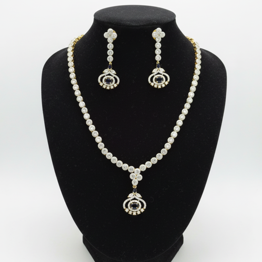 Gold Plated Necklace With Small Blue White Artificial Stones