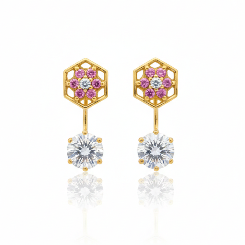 Pink Flower Studs with Hanging Stone