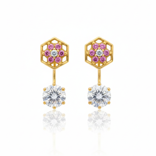 Pink Flower Studs with Hanging Stone