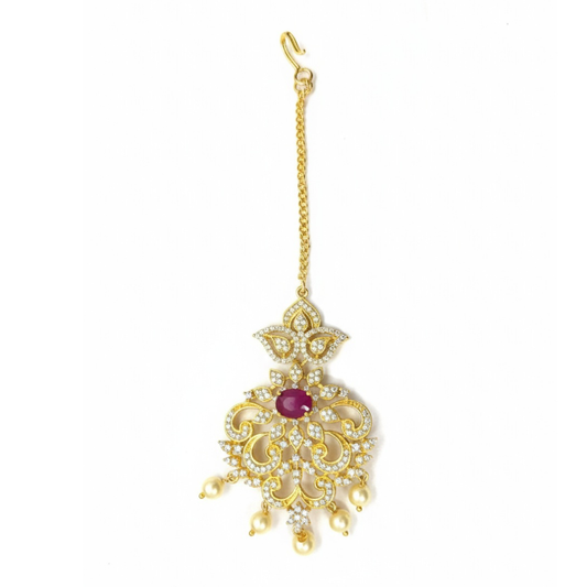 Gold Plated Maang Tikka - Pink with White Stones