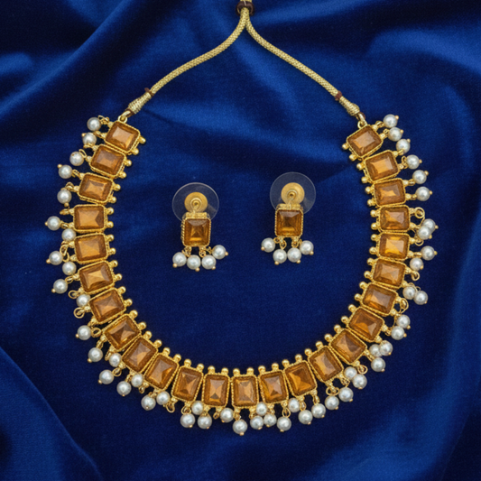 Gold Plated Big Box Necklace Artificial Yellow Stones Necklace
