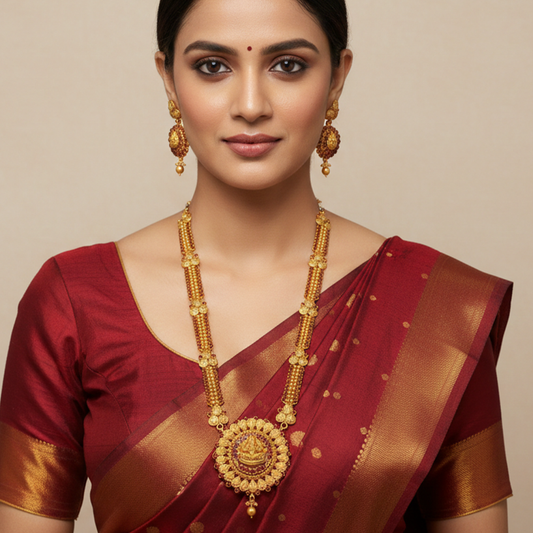 Gold Plated Long Haaram With Red Stones & Kaasu Design