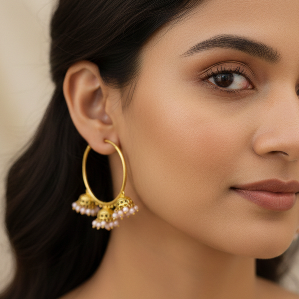 Triple Hanging Jhumka Loop with White Pearls