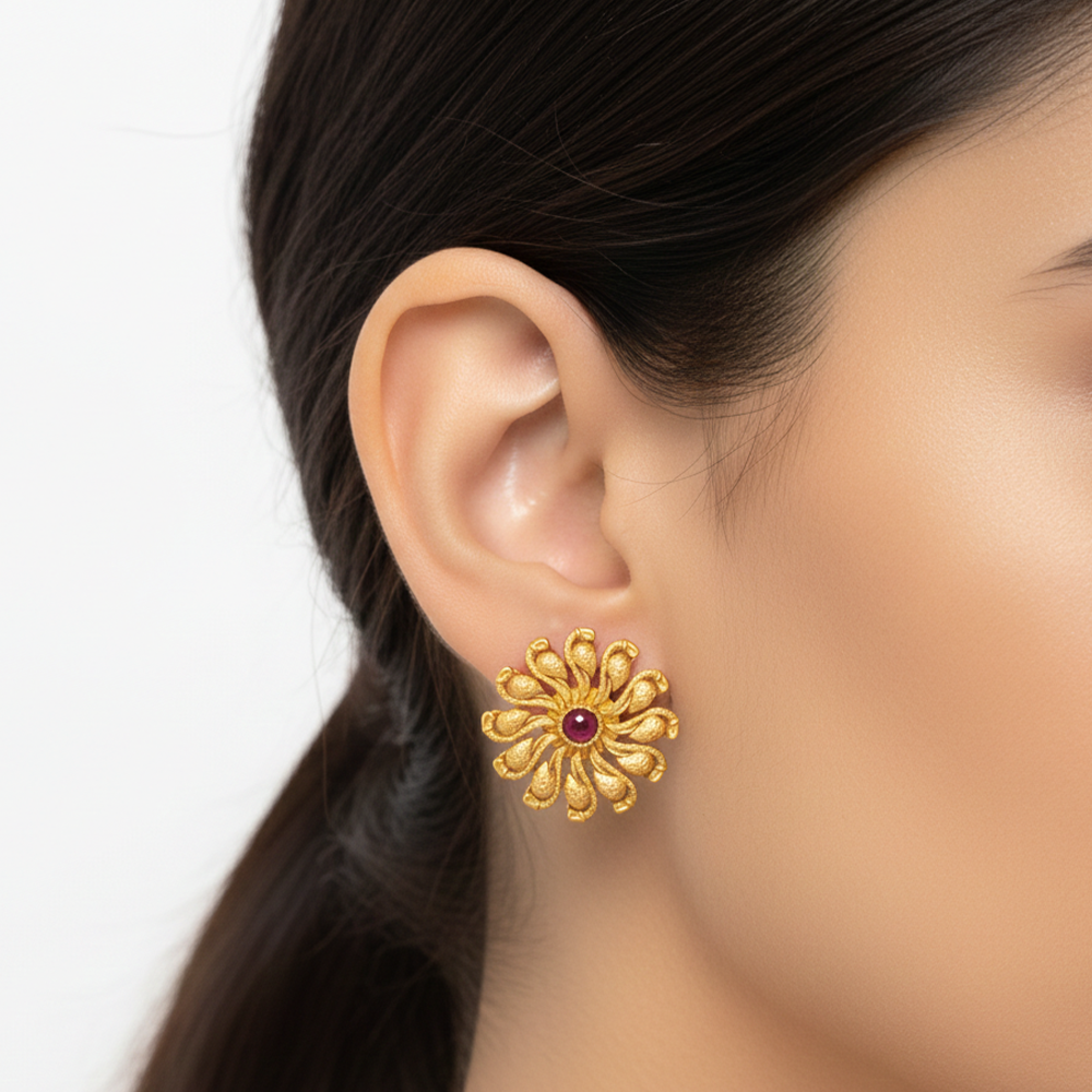 Gold Plated Studs With Red Stone And Flower Design