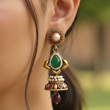 Antique Red & Green Stone Jhumka