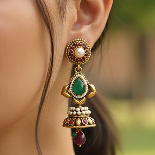Antique Red & Green Stone Jhumka