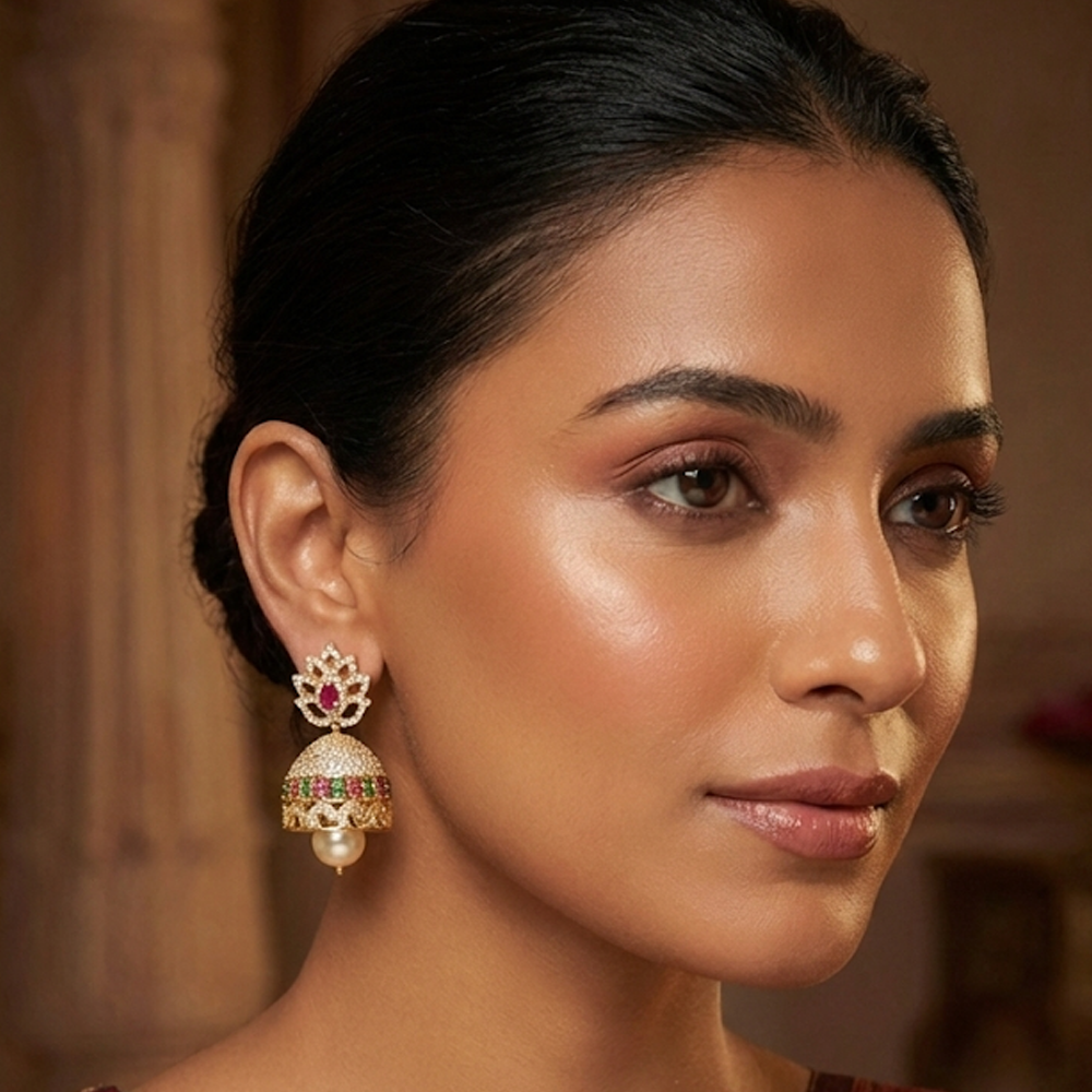 White Stone Jhumka with Red Stone Fire Pattern Studs