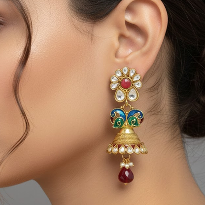 Gold Plated Red and White Stone Peacock Jhumka
