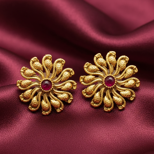 Gold Plated Studs With Red Stone And Flower Design