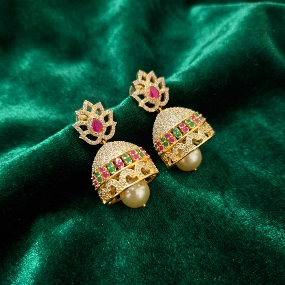White Stone Jhumka with Red Stone Fire Pattern Studs
