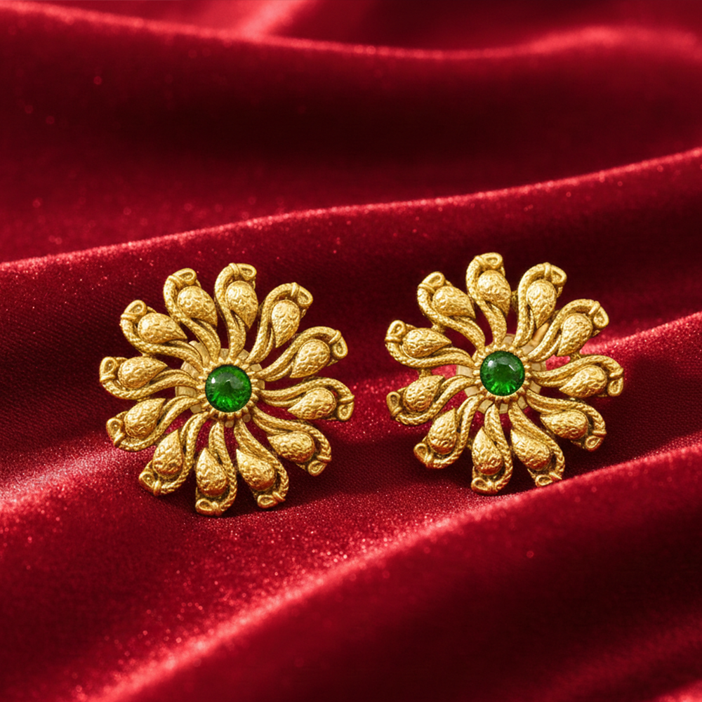 Gold Plated Studs With Red Stone And Flower Design