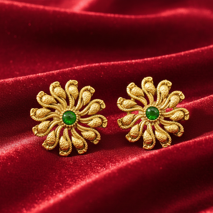 Gold Plated Studs With Red Stone And Flower Design
