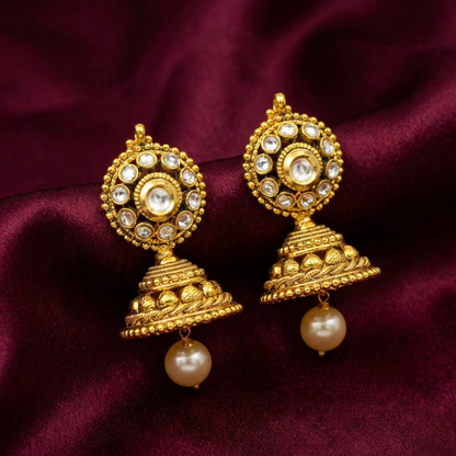Kundan Stones Stud Khumka with Hanging Pearls