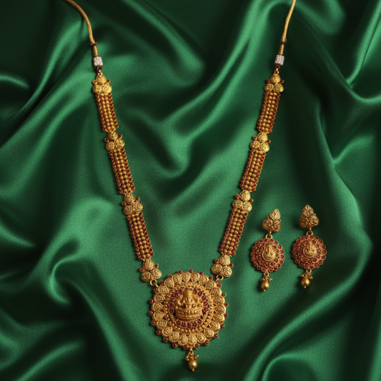Gold Plated Long Haaram With Red Stones & Kaasu Design