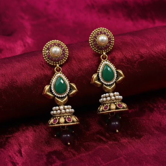 Antique Red & Green Stone Jhumka