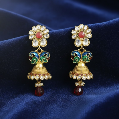 Gold Plated Red and White Stone Peacock Jhumka