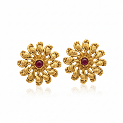 Gold Plated Studs With Red Stone And Flower Design