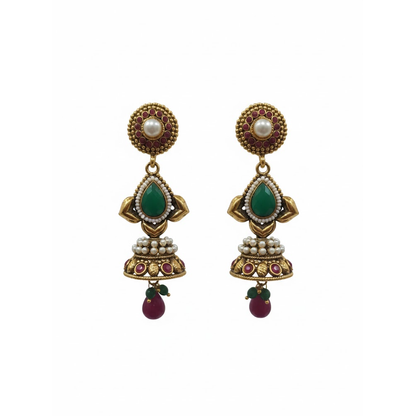 Antique Red & Green Stone Jhumka