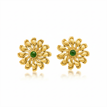 Gold Plated Studs With Red Stone And Flower Design