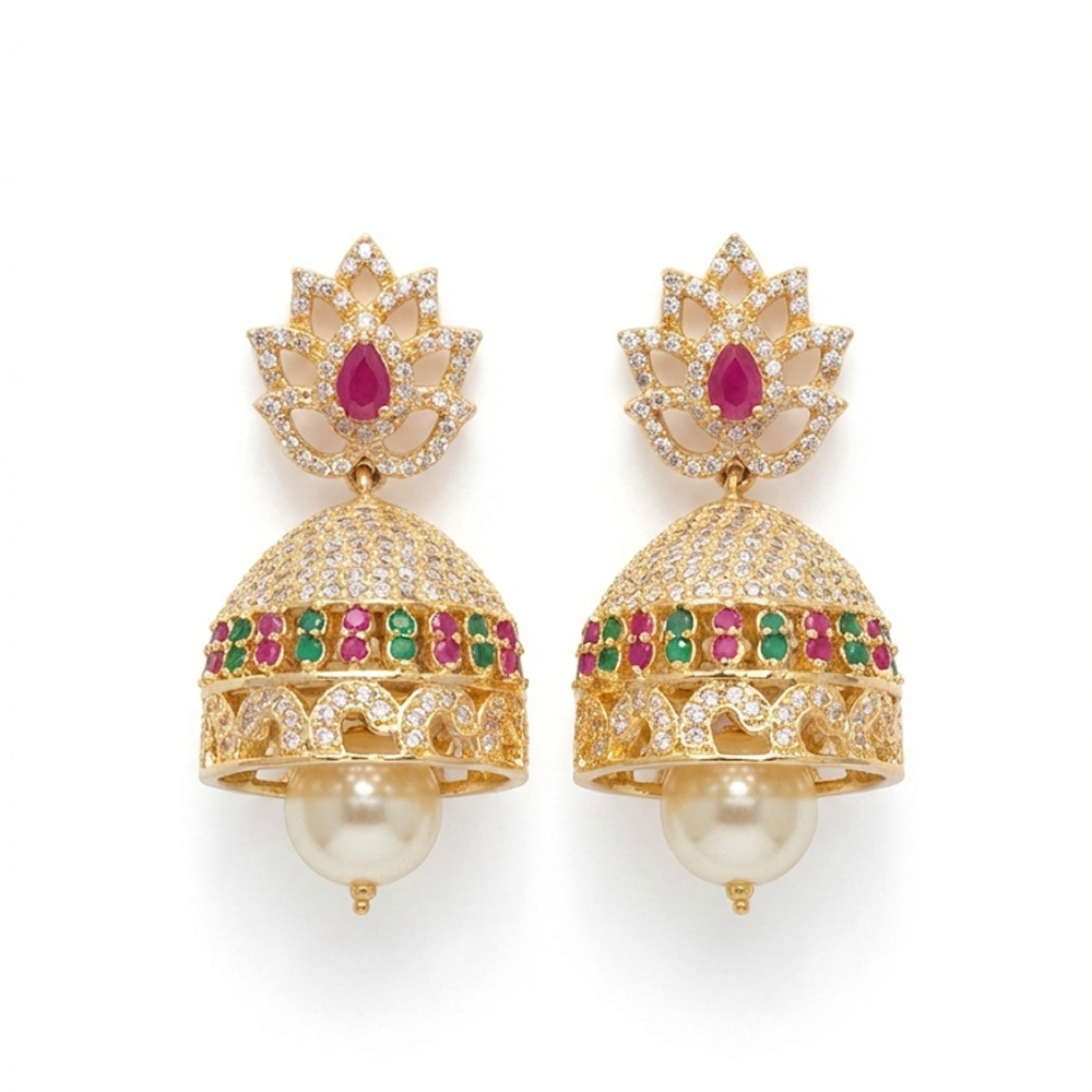 White Stone Jhumka with Red Stone Fire Pattern Studs