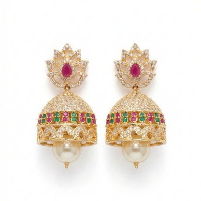 White Stone Jhumka with Red Stone Fire Pattern Studs