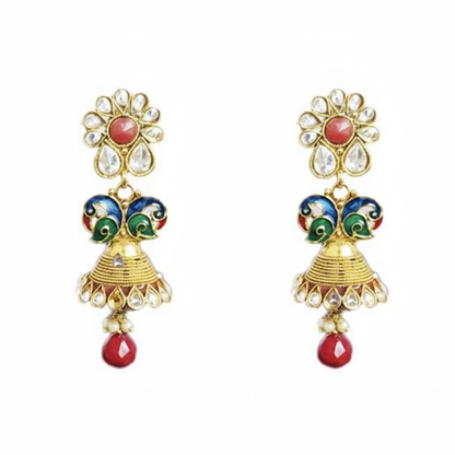 Gold Plated Red and White Stone Peacock Jhumka