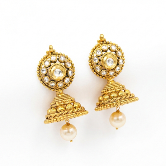 Kundan Stones Stud Khumka with Hanging Pearls