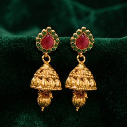 Red Thilak with Green Stones Jhumka with Hanging Beads
