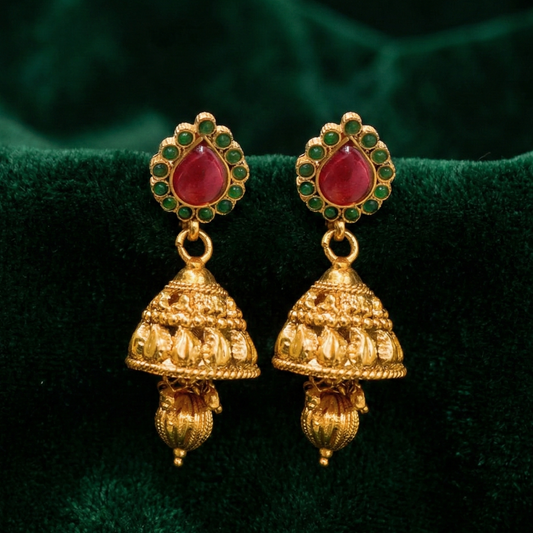 Red Thilak with Green Stones Jhumka with Hanging Beads