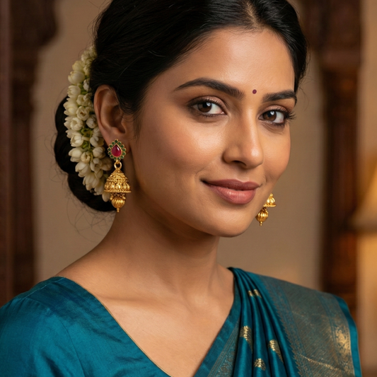 Red Thilak with Green Stones Jhumka with Hanging Beads