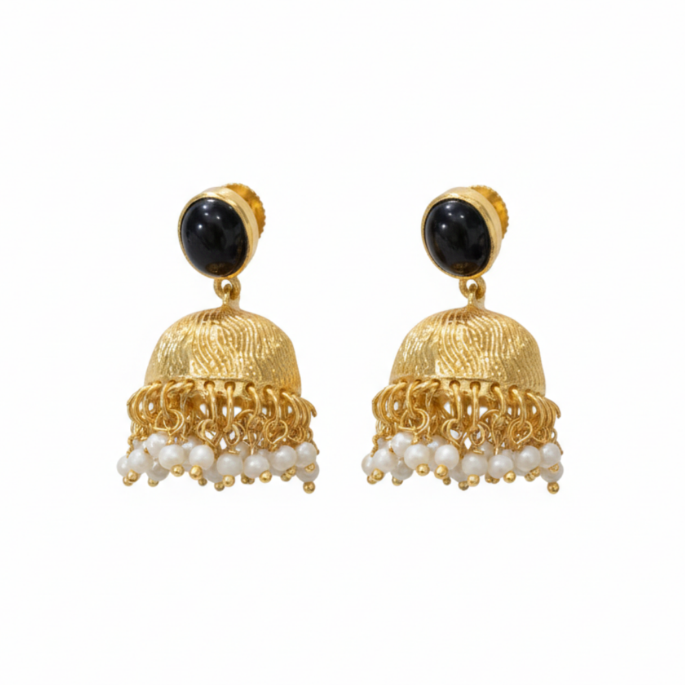 Gold Plated Jhumka with Black Stone & Hanging Pearls