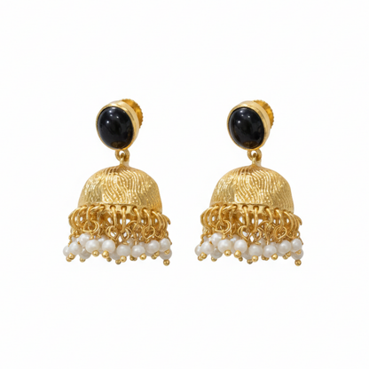 Gold Plated Jhumka with Black Stone & Hanging Pearls