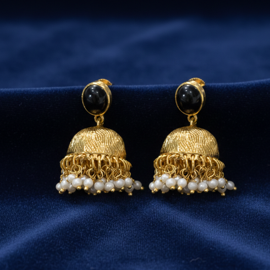 Gold Plated Jhumka with Black Stone & Hanging Pearls