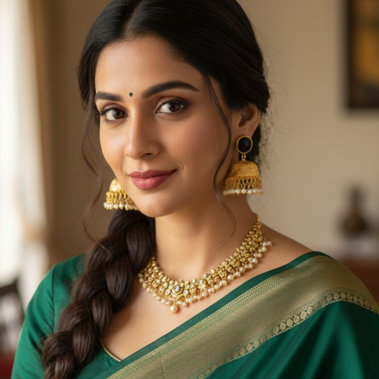 Gold Plated Jhumka with Black Stone & Hanging Pearls