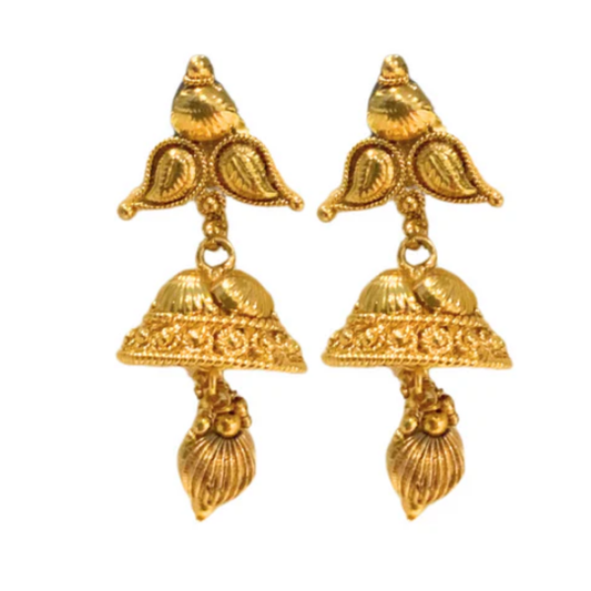 Gold Plated Two Leaves Jhumka With Gold Beads