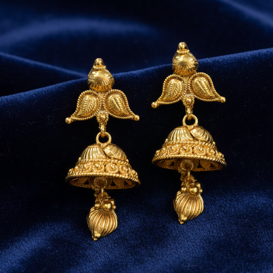 Gold Plated Two Leaves Jhumka With Gold Beads