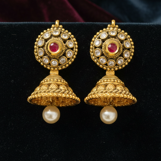 Kundan Stud Red Stone Jhumka with Pearls