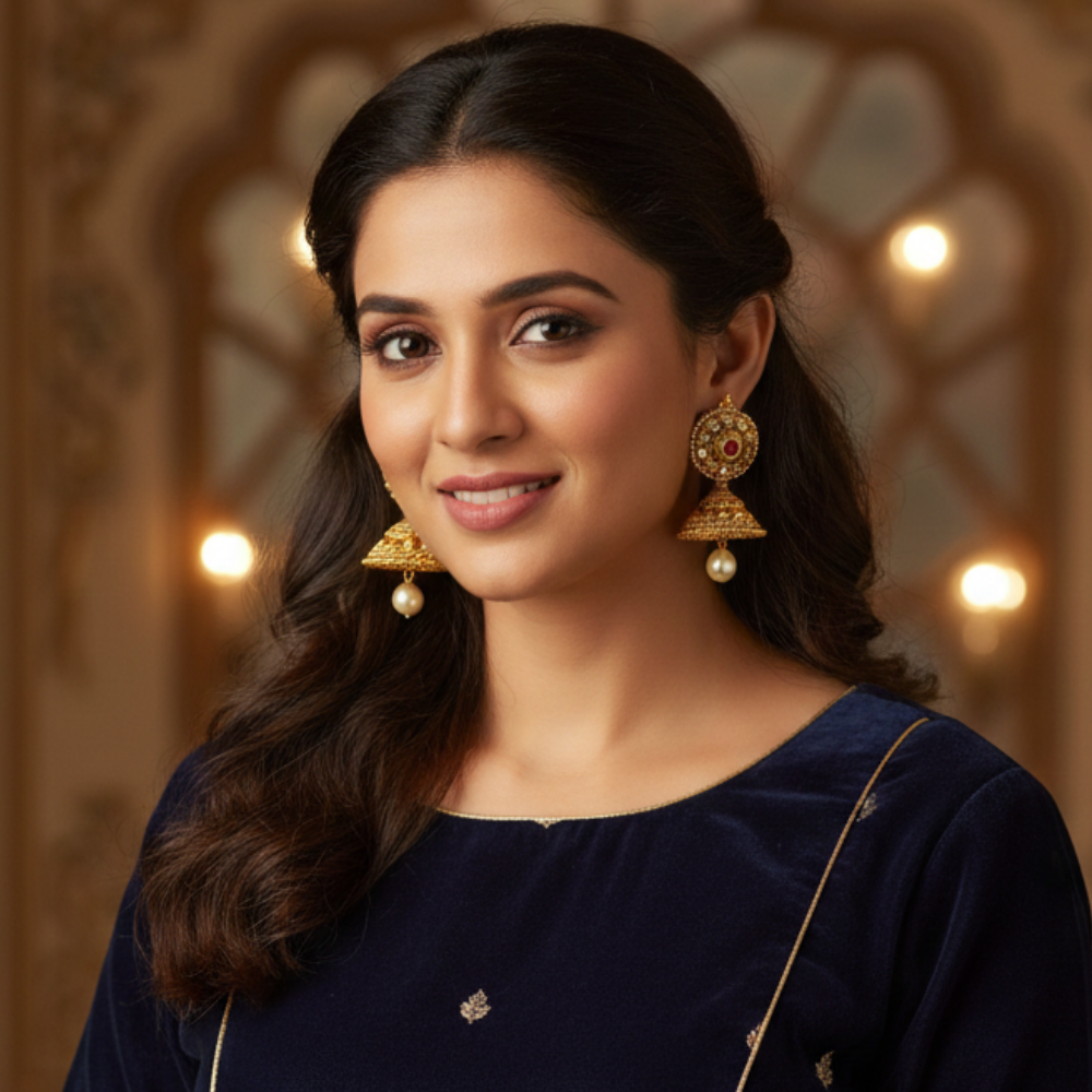 Kundan Stud Red Stone Jhumka with Pearls