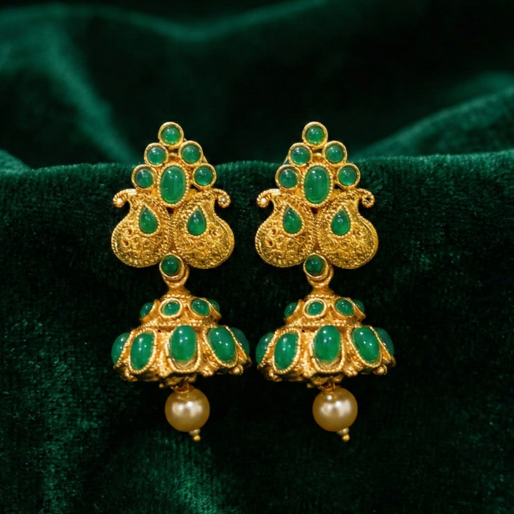 Manga Pattern Jhumka with Green Stones