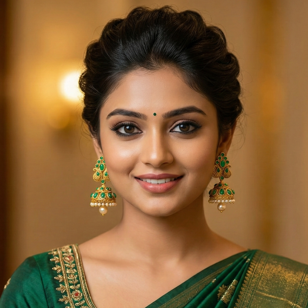 Manga Pattern Jhumka with Green Stones