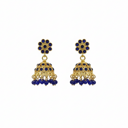 Gold Plated Jhumka with Blue Stones and Blue Beads