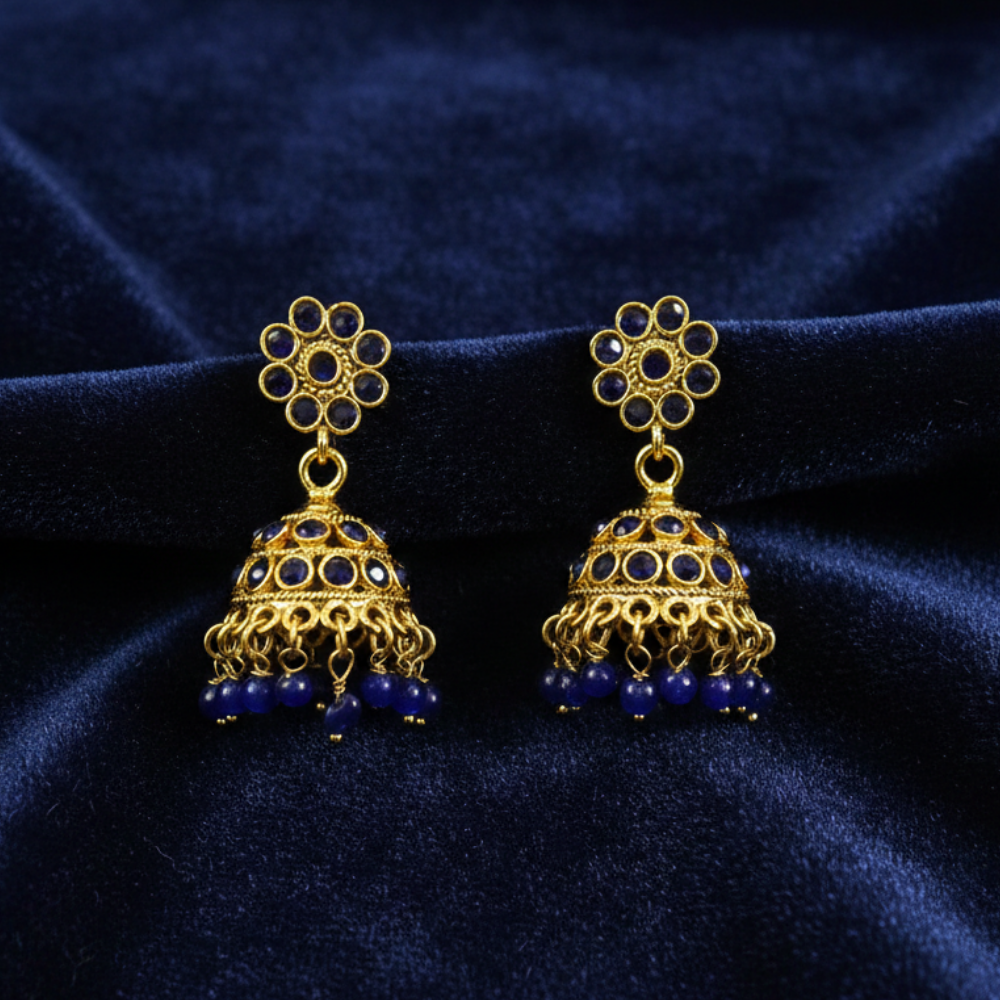 Gold Plated Jhumka with Blue Stones and Blue Beads